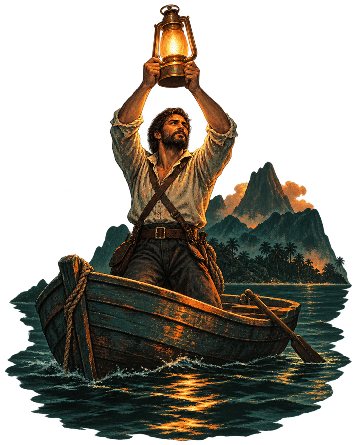 Alekos standing in a rowboat, lantern raised over his head with both hands, the volcanic island of Hiva Marama behind him
