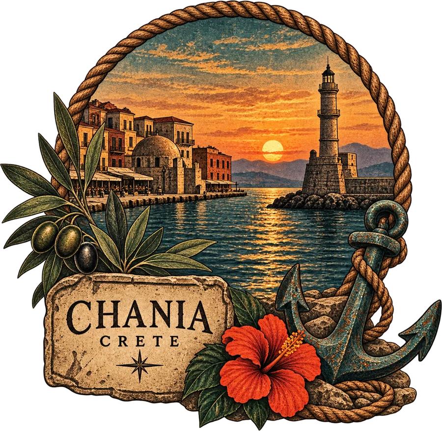 An illustrated badge of Chania harbour at sunset: the lighthouse, the old town, an anchor, olives and a hibiscus, with the words Chania, Crete
