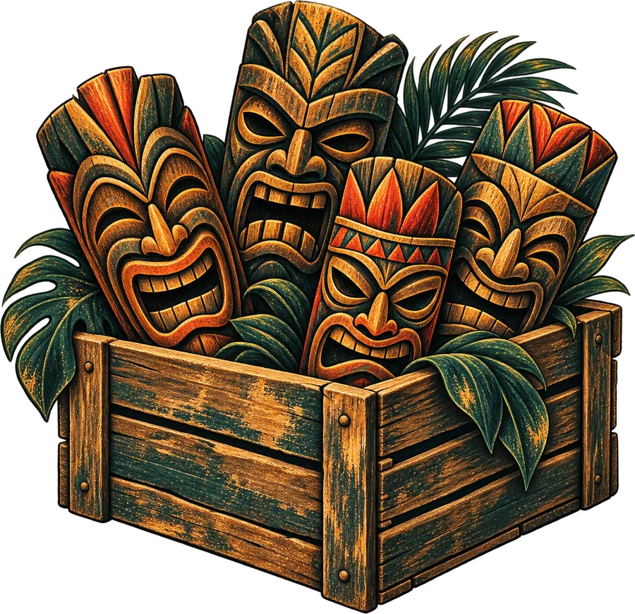 A wooden crate of carved tiki masks packed in palm leaves, just landed