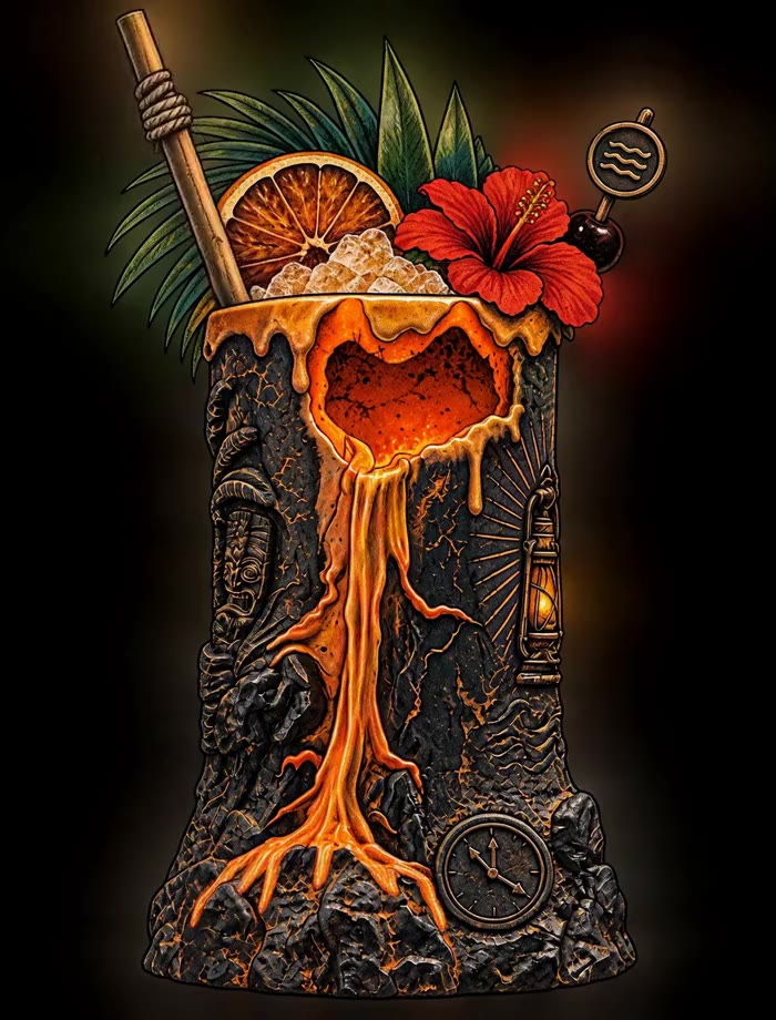 A carved volcanic tiki mug with lava glowing down its side