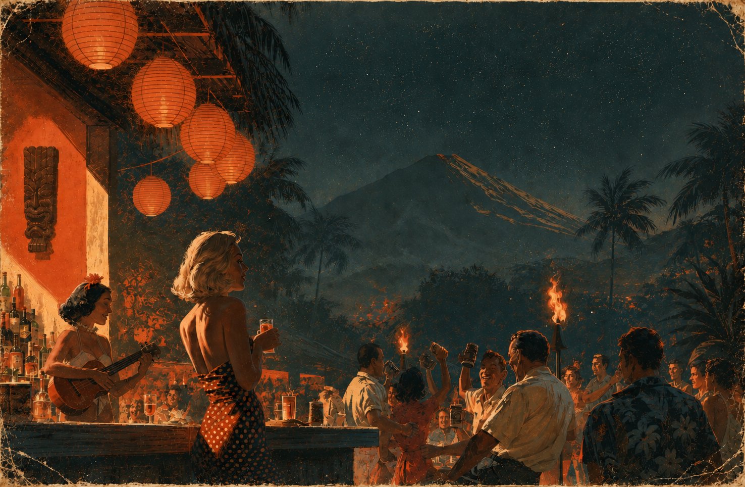 A guitar player and guests at the Outpost No. 9 bar counter at night, with a volcano in the distance