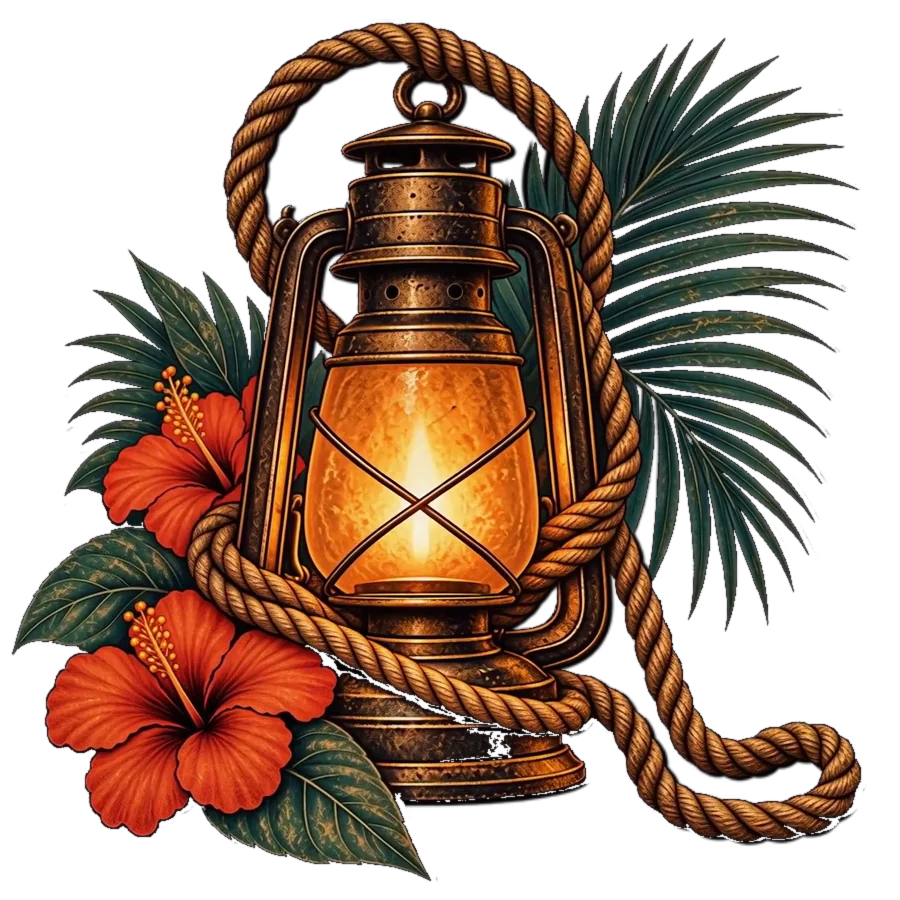 A brass lantern wrapped in rope, with hibiscus flowers