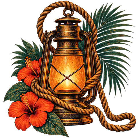 A brass lantern wrapped in rope, with hibiscus flowers