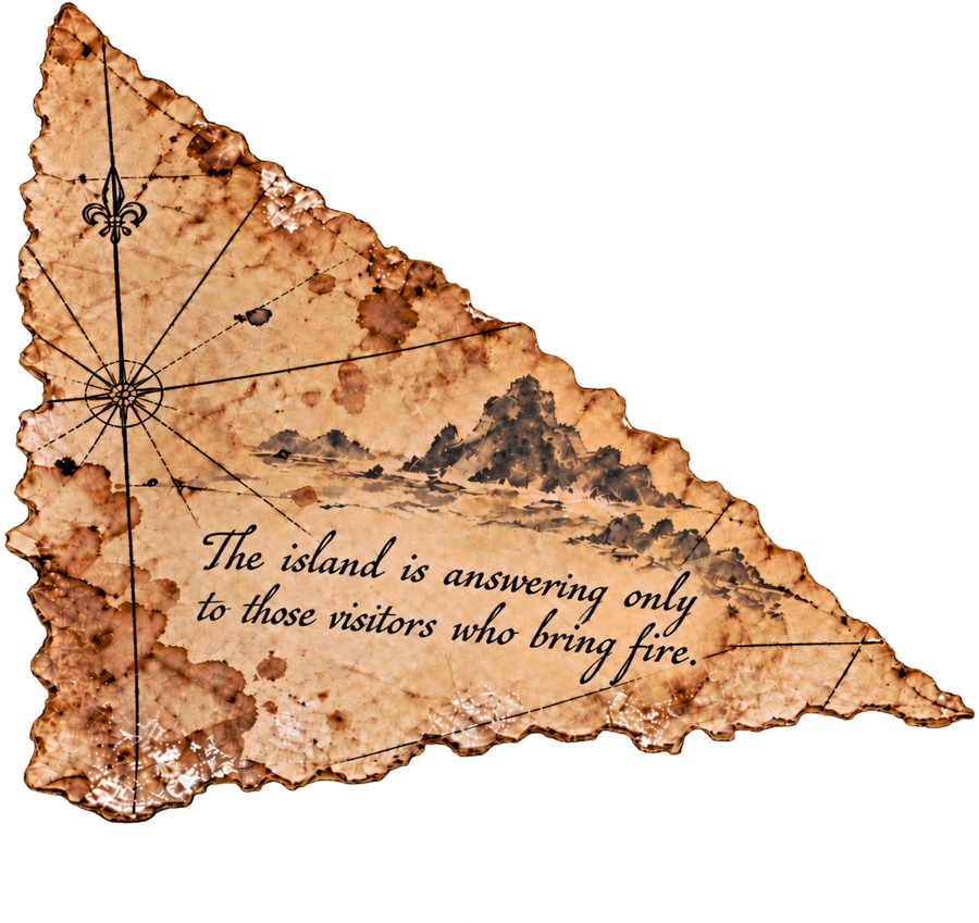 The torn map fragment, reading: the island is answering only to those visitors who bring fire