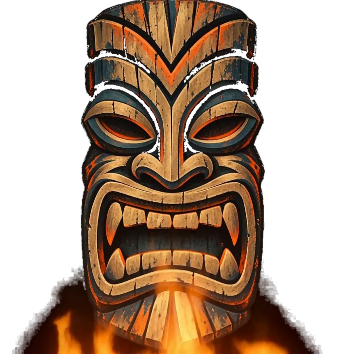 A carved wooden tiki mask, lit from below by fire