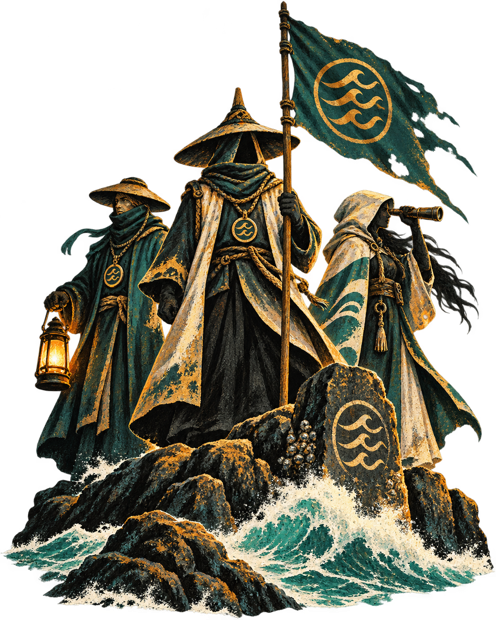 Three cloaked members of the Order of the Ninth Wave, one holding a lantern, one bearing the three-waves flag, one keeping watch with a telescope