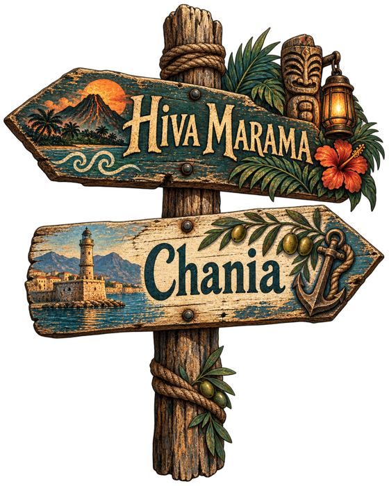 A wooden signpost pointing to Hiva Marama and Chania, Crete