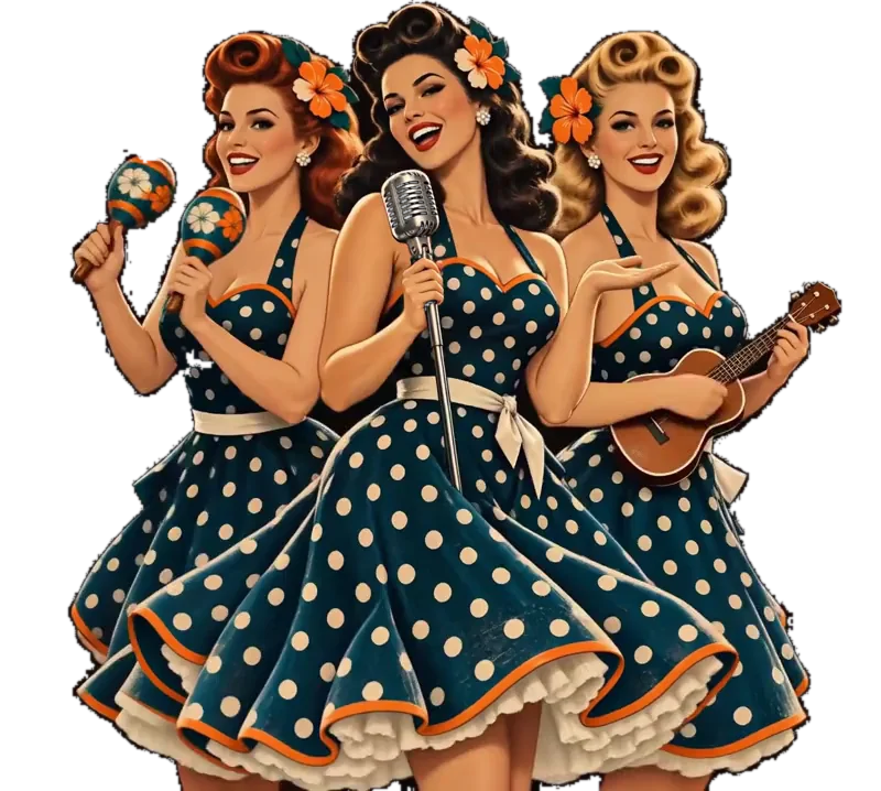 A vintage-style illustration of three singers performing with a microphone, maracas and a ukulele
