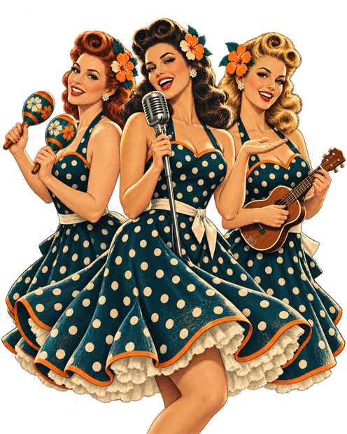A vintage-style illustration of three singers with a microphone, maracas and a ukulele