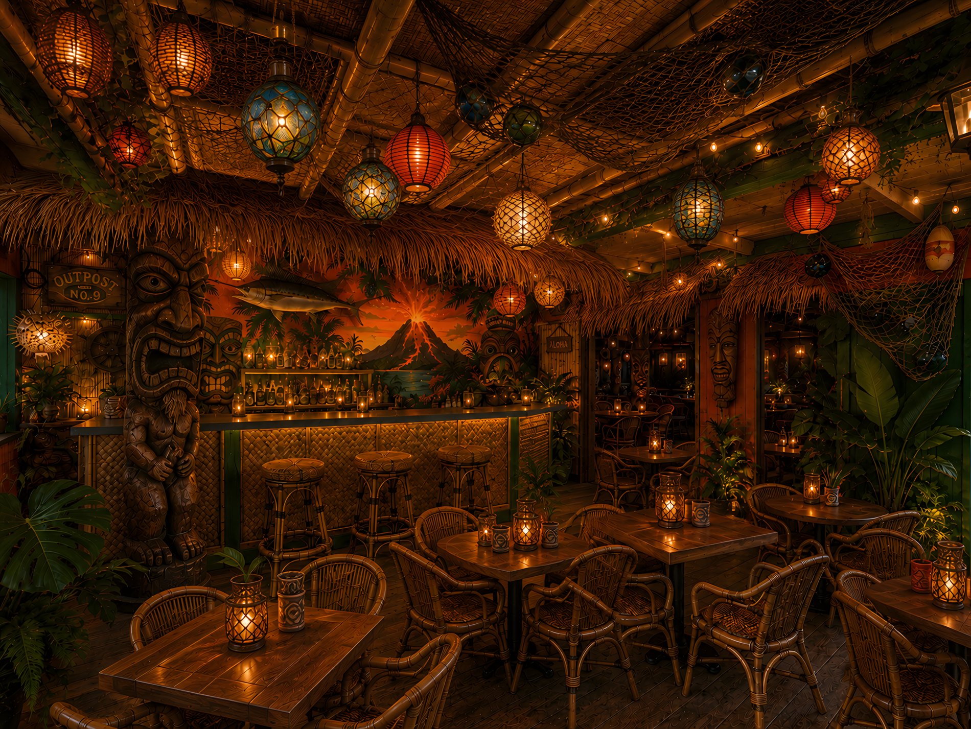 Inside Outpost No. 9: the bar counter beneath glass float lanterns, a volcano mural behind the bottles, tiki totems and rattan seating